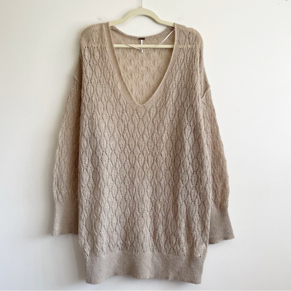 Free People Say Hello Sweater wool alpaca open knit whimsical neutral slouchy - Picture 3 of 13